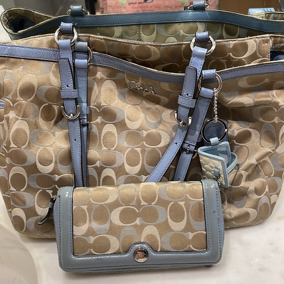 Coach 3p set Bag & Wallet Unique photo frame Bag charm Baby Blue & Coated Canvas - Picture 1 of 11